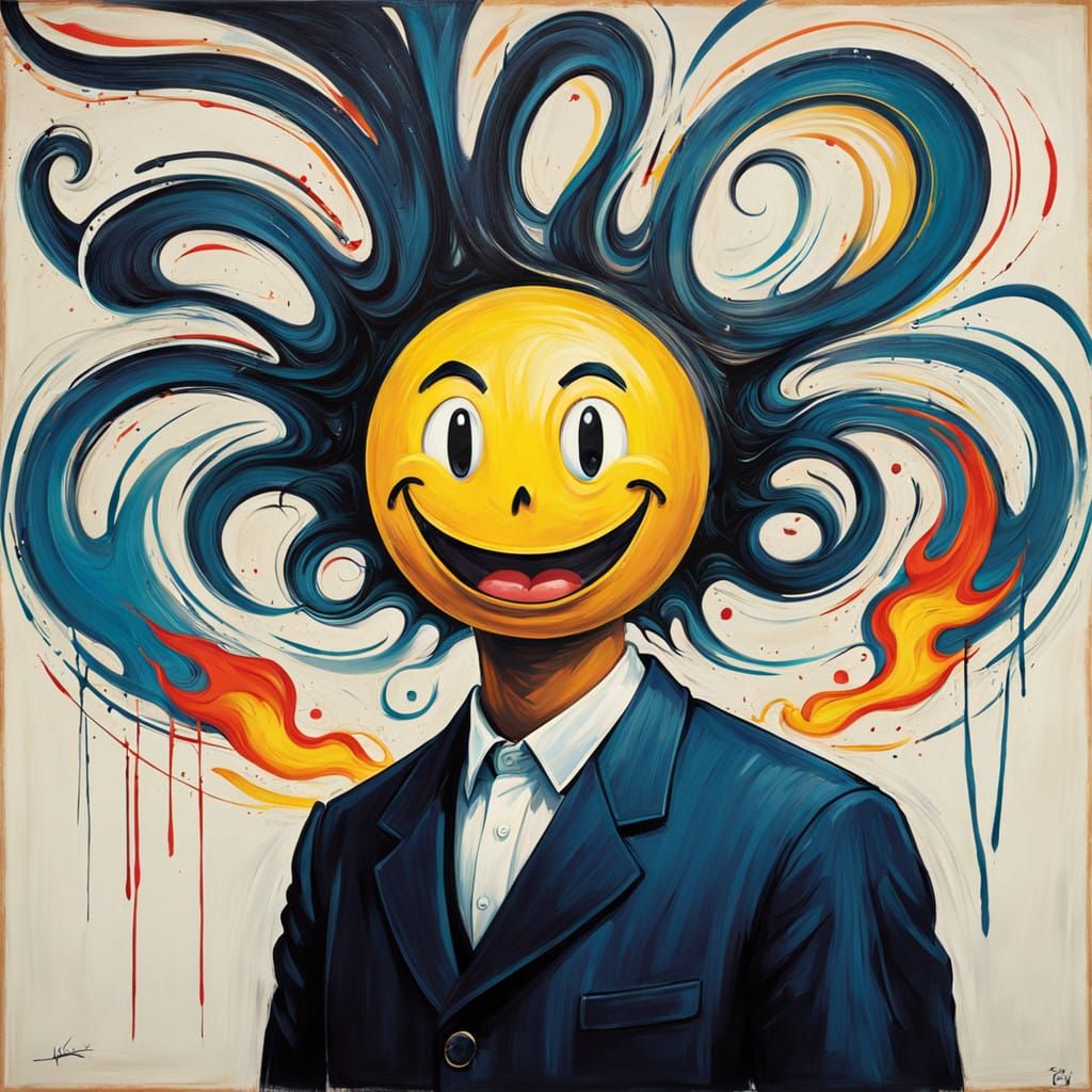 Vibrant Smiley Face with Flaming Hair in Retro Style