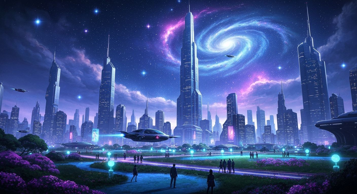 Futuristic Cityscape Under a Starry Cosmic Sky
