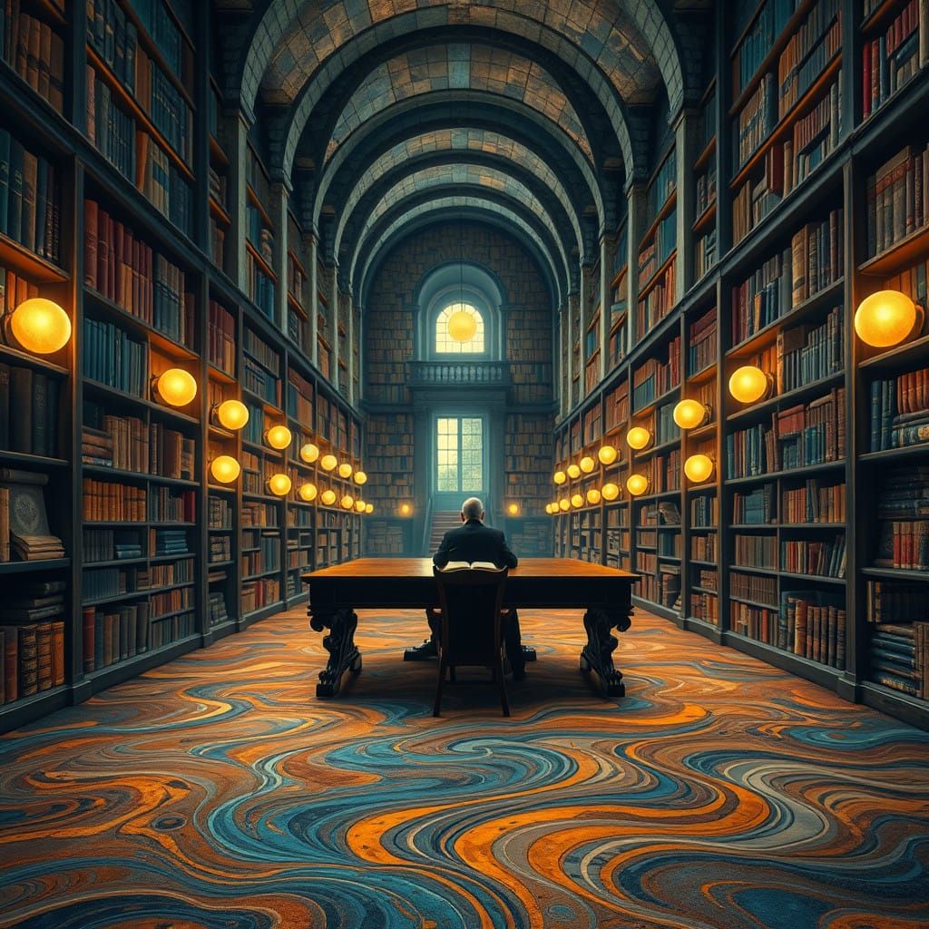 Surreal Library Scene in Vibrant, Abstract Style