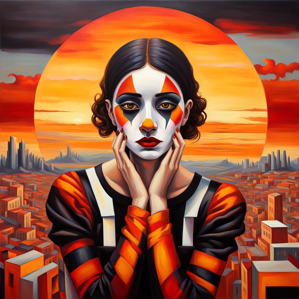 Melancholic Mime Girl in Surreal Setting