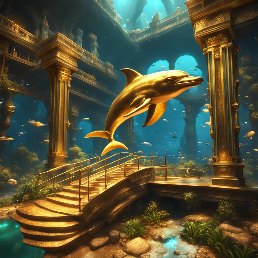 Golden Dolphin in Atlantis: Detailed Digital Painting