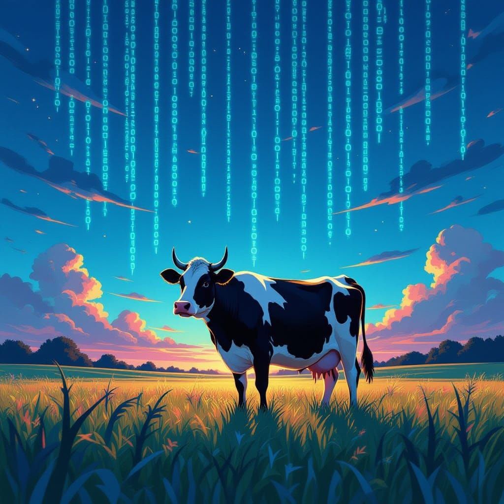 Melancholic Cow in Binary Code Field