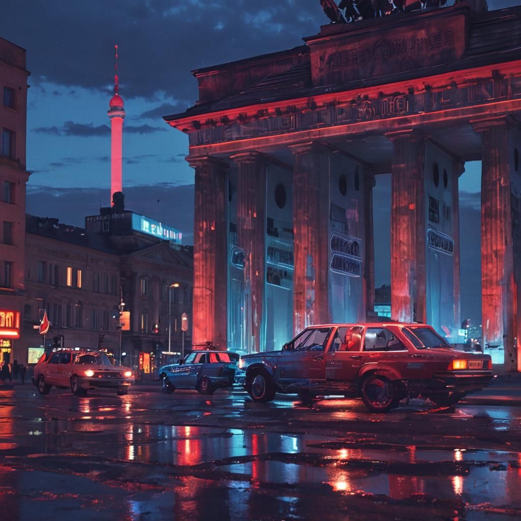 Cyberpunk Berlin Skyline at Dusk with Neon Lights