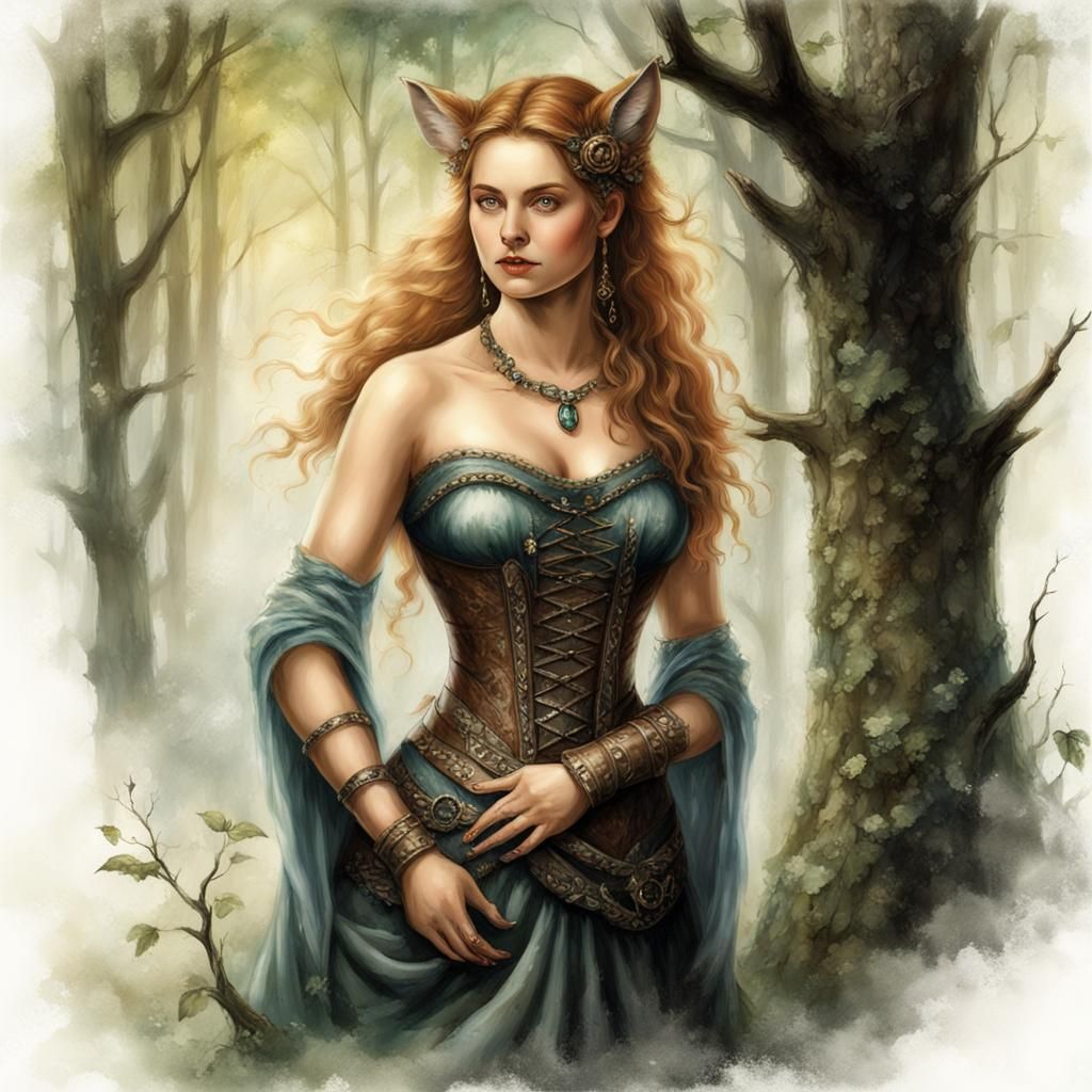 Charming Fox-Woman in Enchanted Forest, Airbrush Style