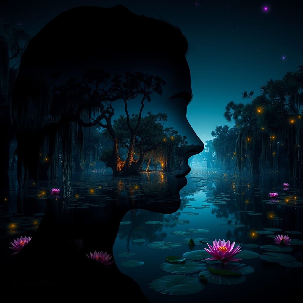 Glowing Bayou Night Scene in Digital Matte Painting Style
