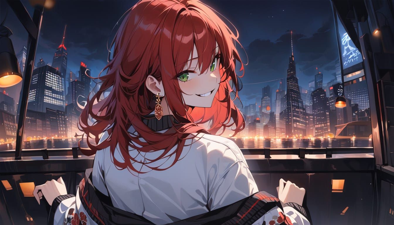 Girl with Messy Red Hair and Evil Grin in City Night