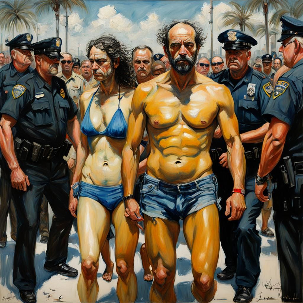 Bikini-Clad Man's Arrest: Oil Painting in Classic Style