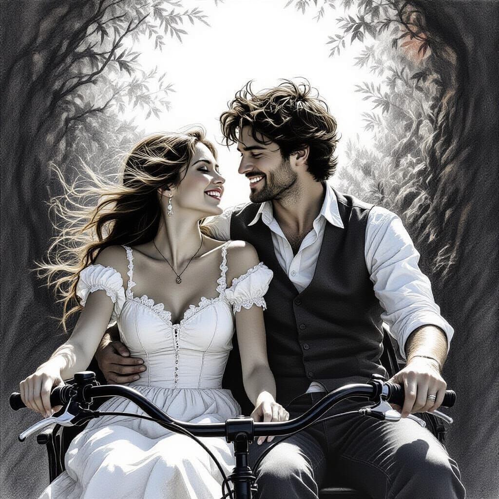 Happy Couple on Tandem in Charcoal Style