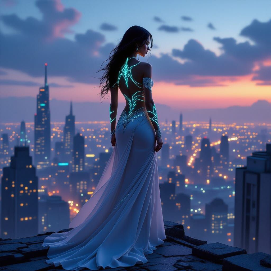 Bioluminescent Woman Overlooks Decaying Cyberpunk City