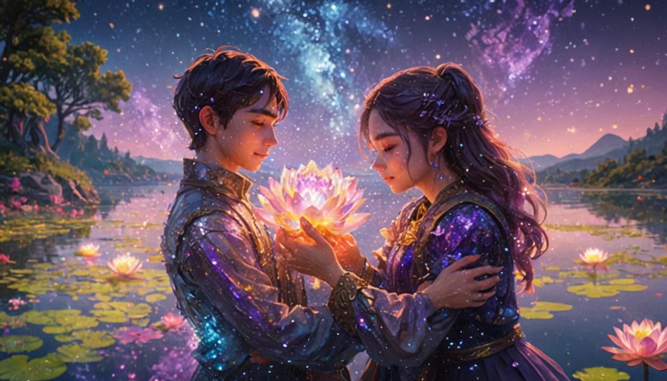 Fantasy Art: Children Embrace Under Starry Night