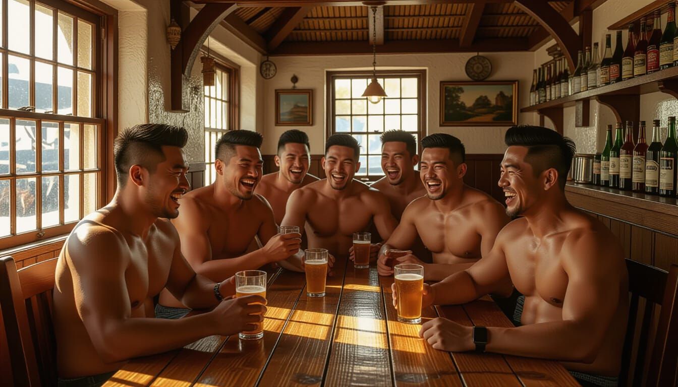 Thai Pub Scene with Muscular Dancers in Hyperrealistic Style