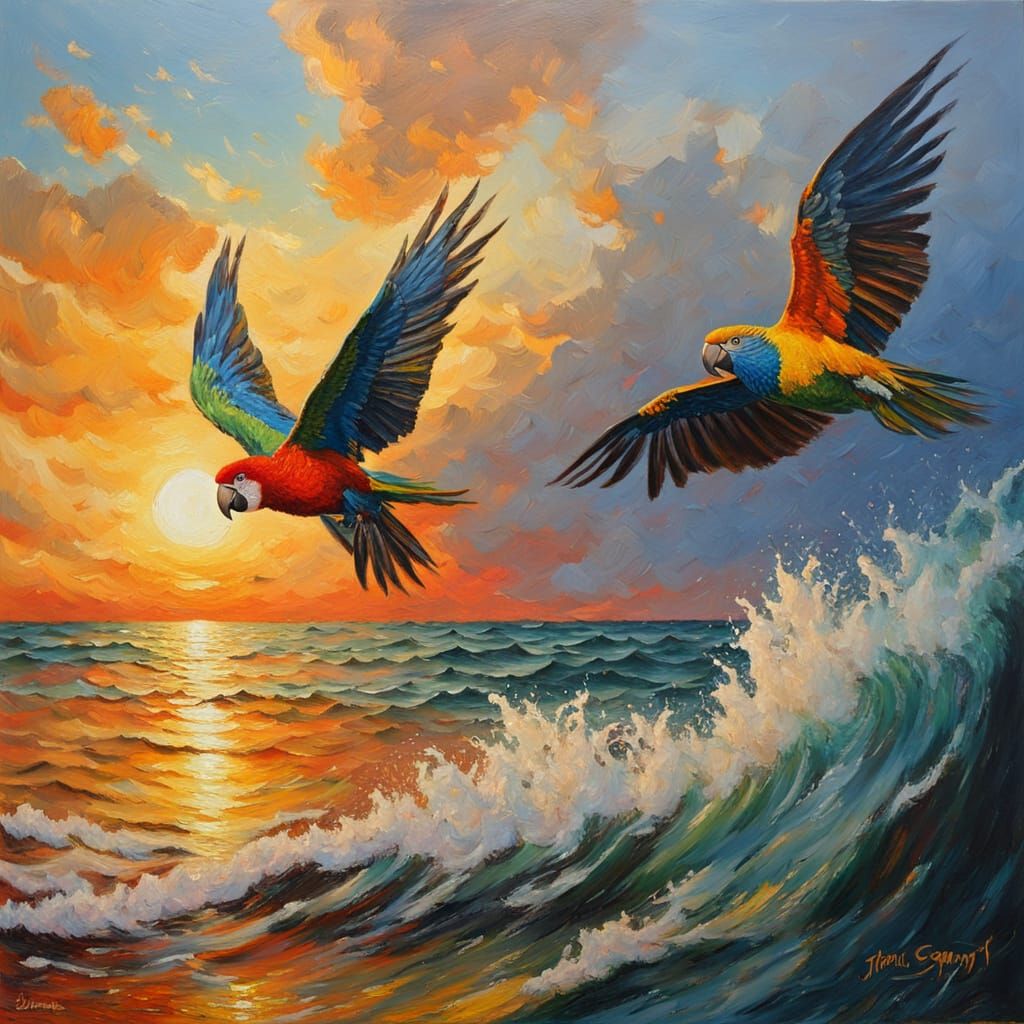 Parrots Fly Over Sea: Impasto Oil Painting