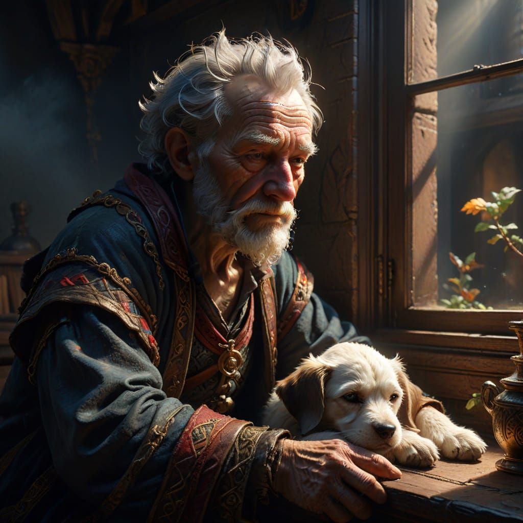 Old Man and Puppy by Window in Chiaroscuro Oil Painting
