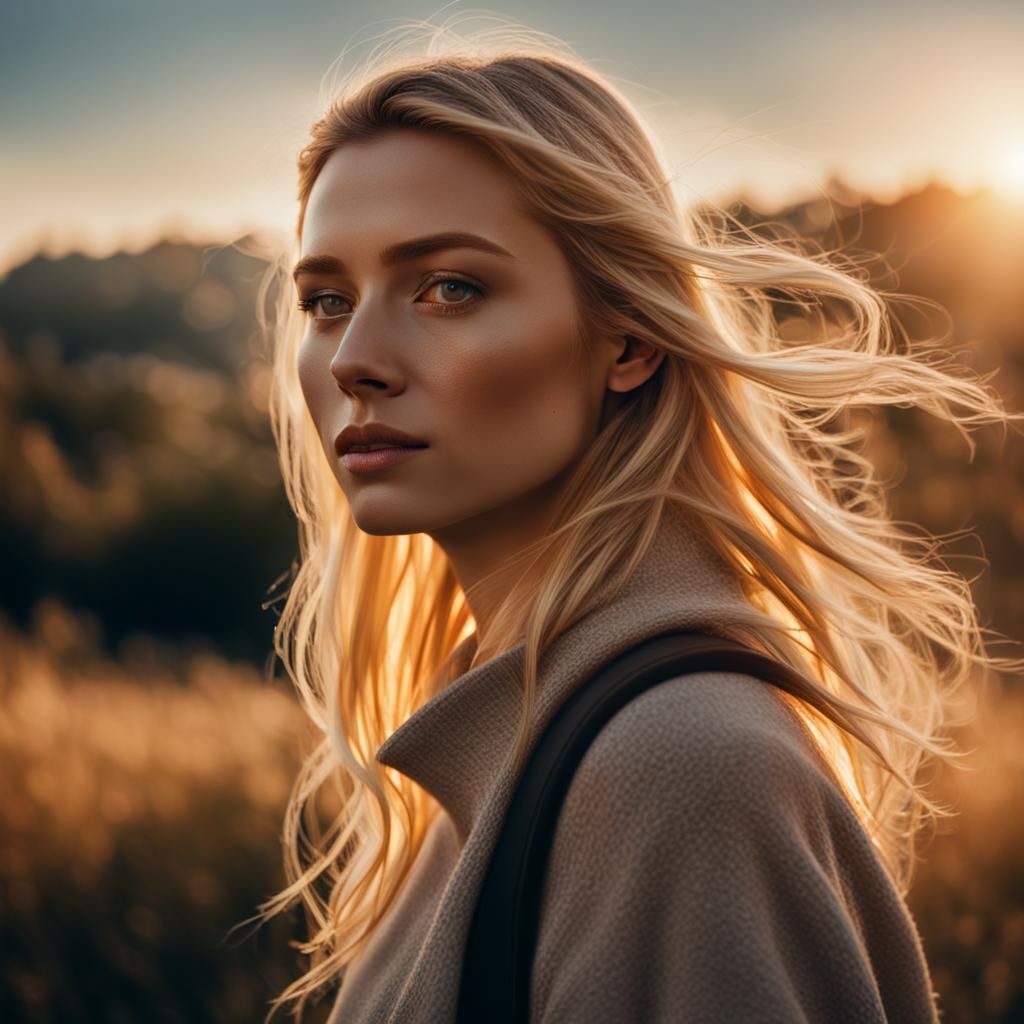 Surrealistic Portrait of a Blonde Woman Basking in Warm Sunl...