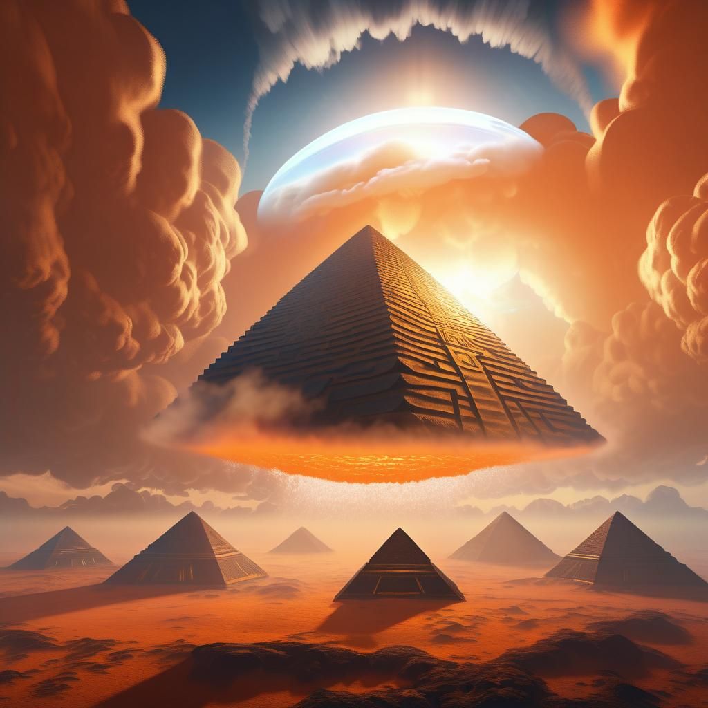 Pyramid UFO Merging Behind Clouds, Surreal Sci-Fi Art