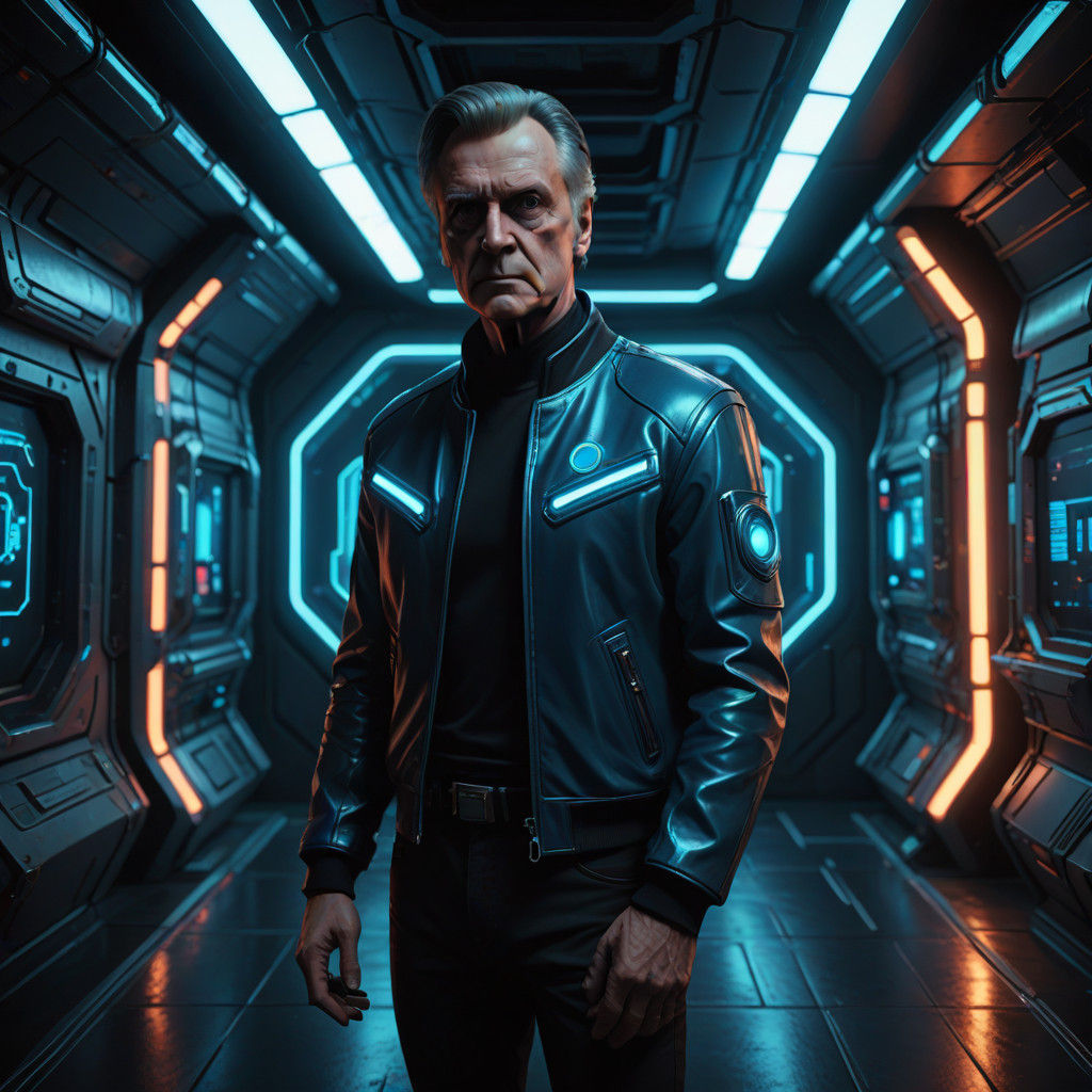 Retro Cyberpunk Portrait of Paul Darrow as Avon in Dark Spac...