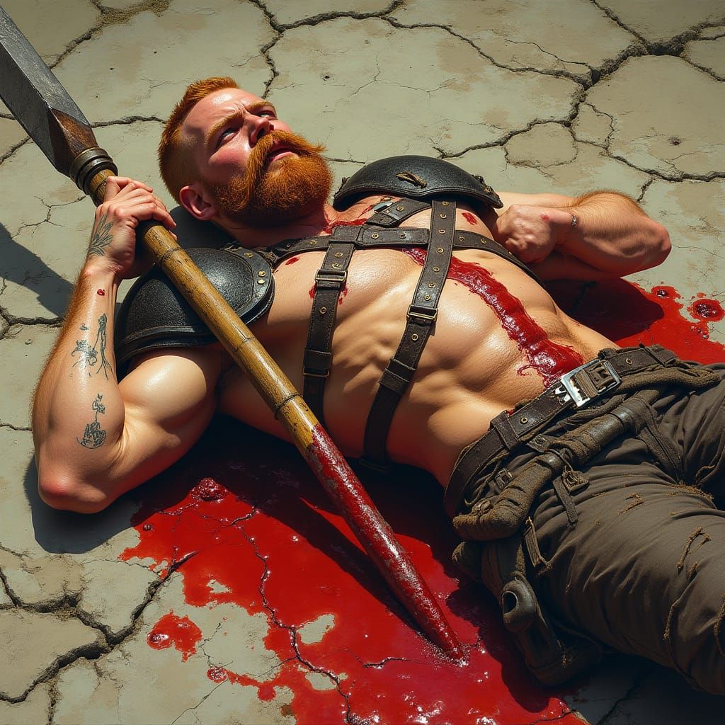 Wounded Ginger Warrior on Battlefield, in Dark Fantasy Style