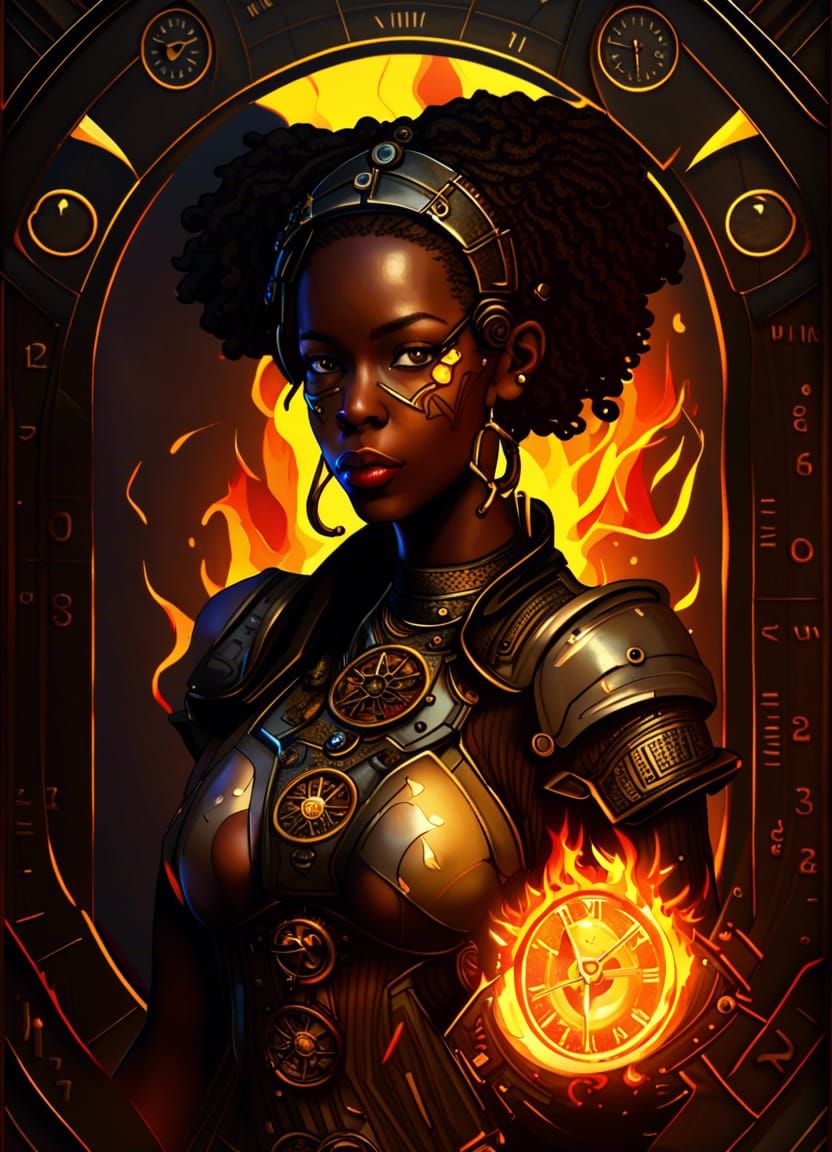 Cyberpunk Tarot Card: African Woman with Fire