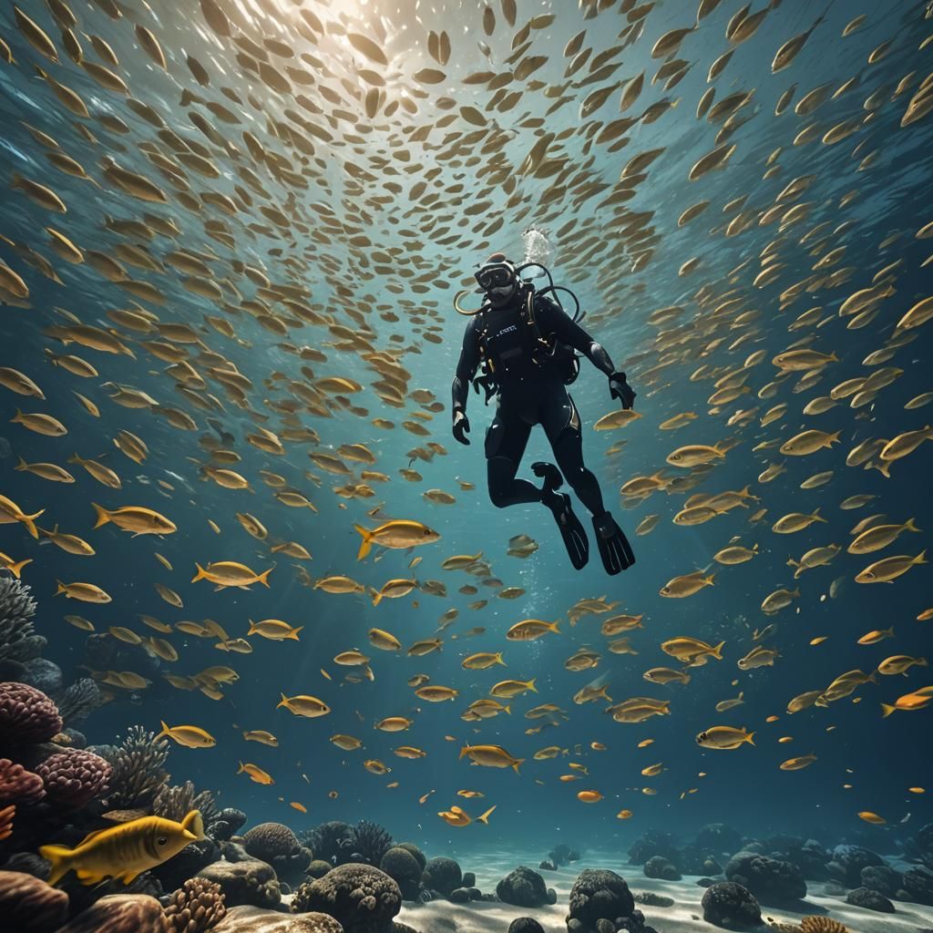 Diver and Fish in 3D Game Cinematic Style