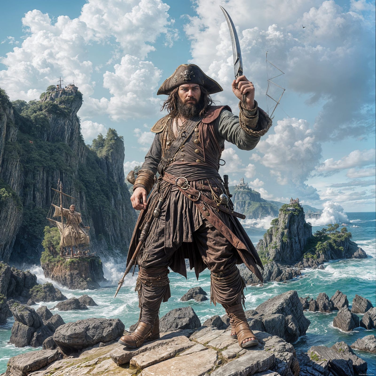 Heroic Pirate Captain on Rocky Coastline