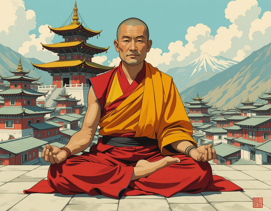 Tibetan Monk in Lotus Position with Pagoda