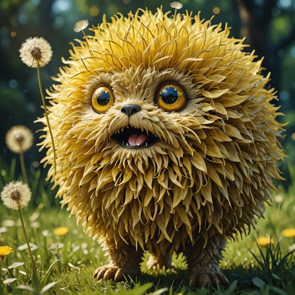figure of a very cute golden fluffy humanoid-dandelion monst...