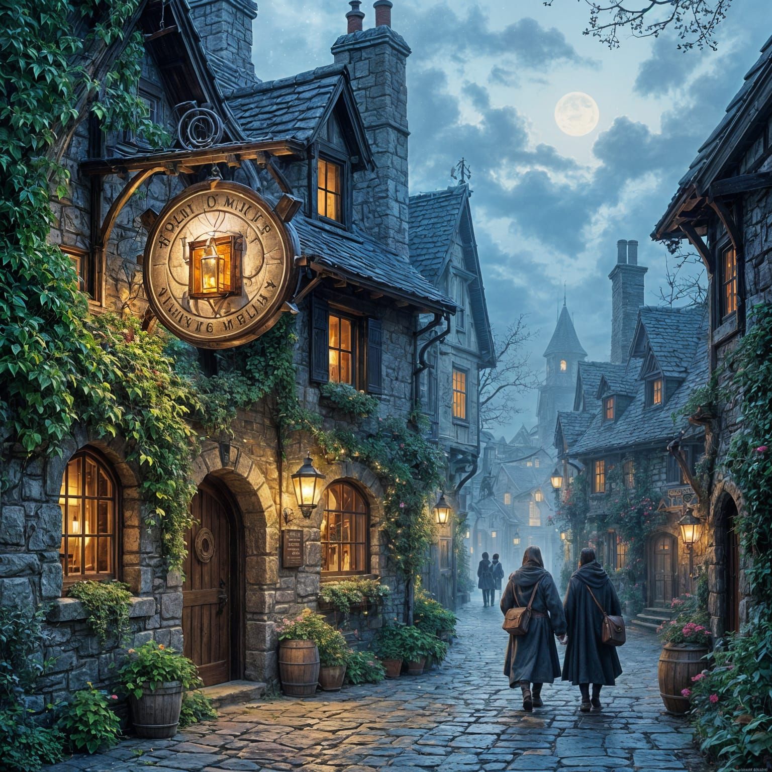 Rustic Tavern in Misty Alleyways with Travelers at Night