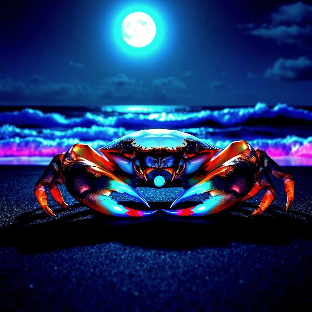 Crab on Black Sand Beach in Astral Cosmic Style