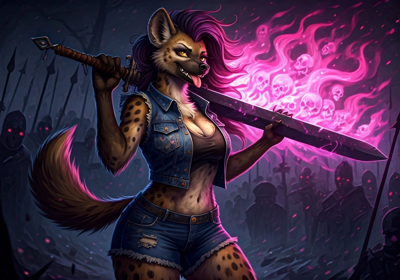 Dark Fantasy She-Hyena with Fiery Claymore in Graveyard