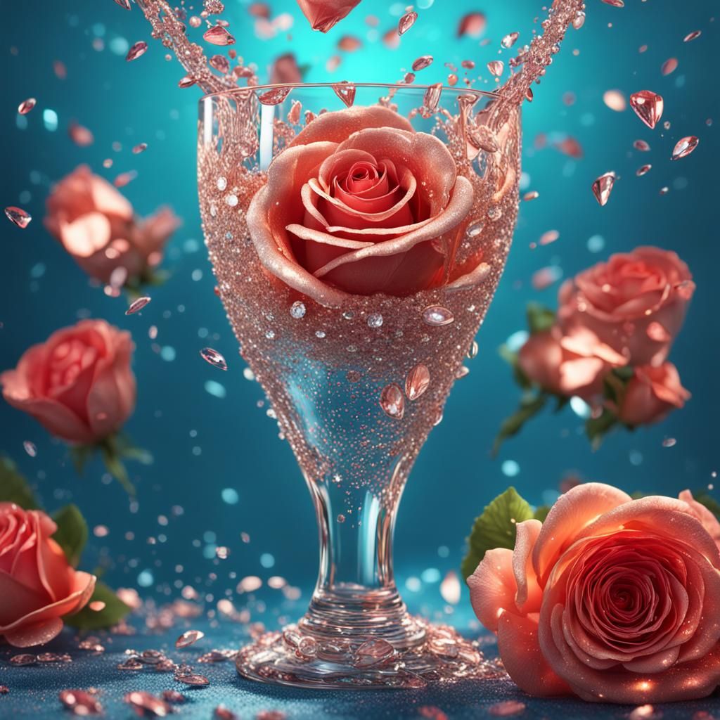 Champagne Glass with Roses and Diamonds in Splash Art