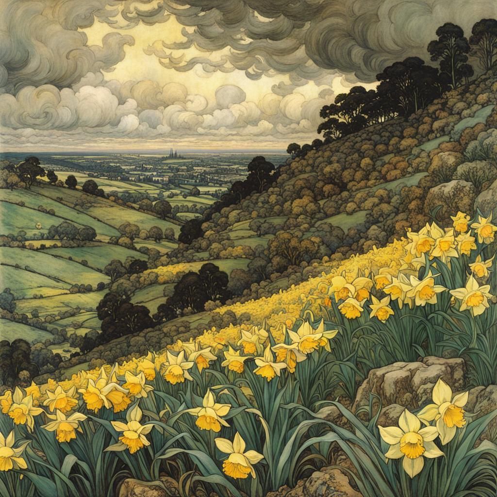 Daffodils Bloom on Cloudy Hillside: Anime Style