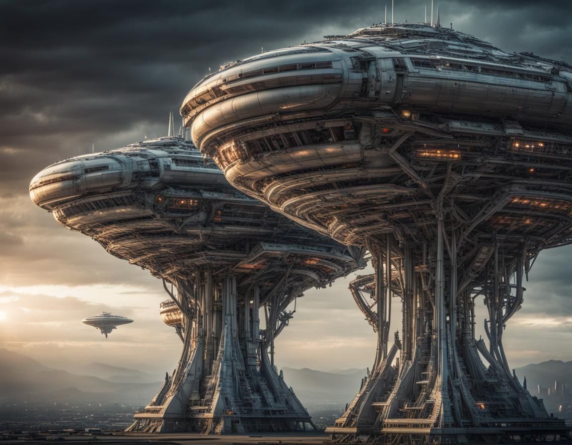 Needle-Shaped Alien Ships in Vertical Position