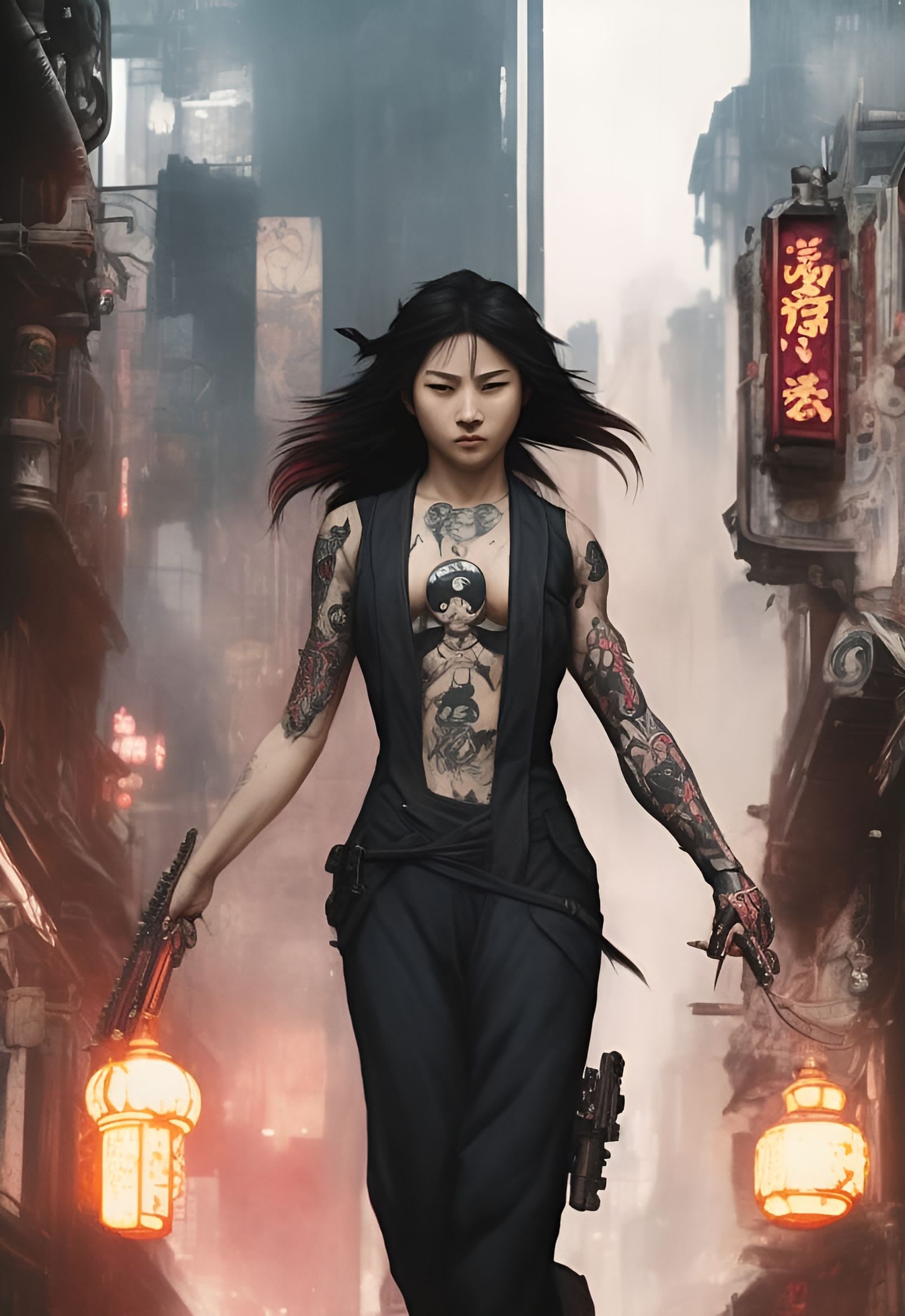 Cyberpunk Yakuza Girl with Tattoos in Digital Art