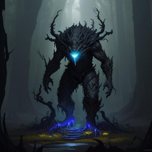 Menacing Root Creature in Mystical Forest, High-Fantasy Art