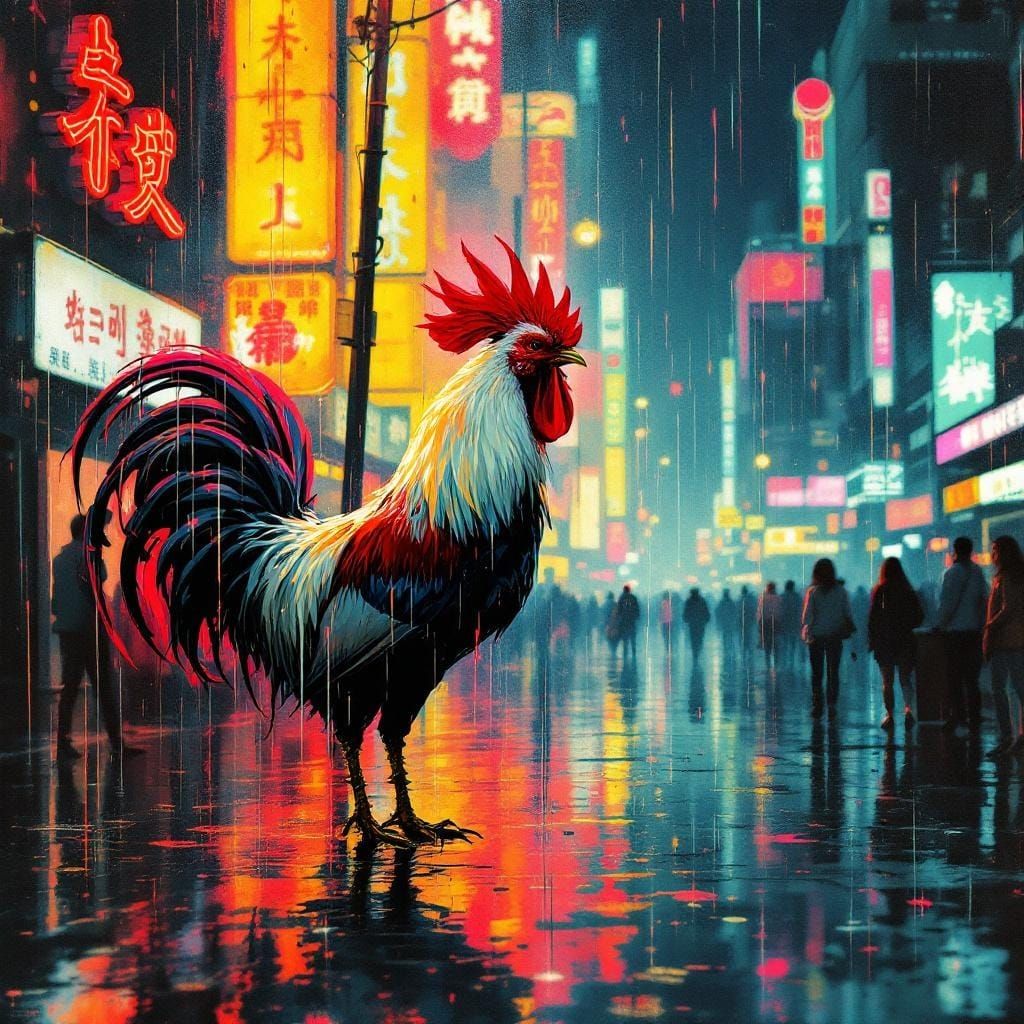 Neon Rooster in Rainy City: Watercolor Street Art