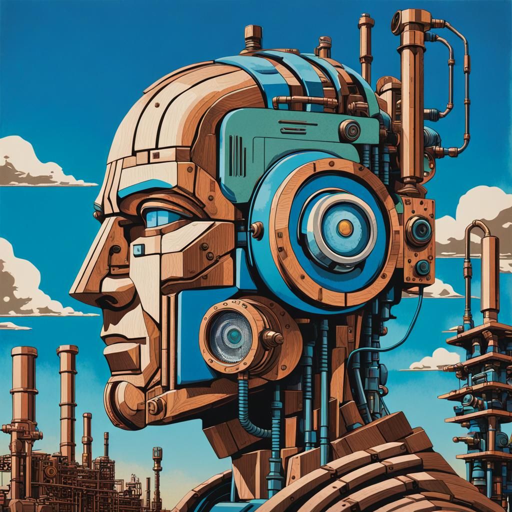Wooden Block Cyborg in Paolozzi-Inspired Sci-Fi Style