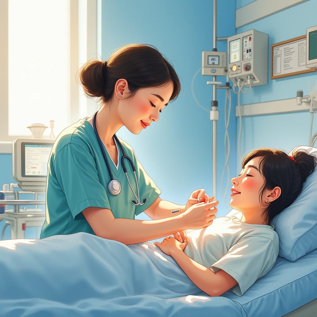 Asian Caregiver Wound Care in Watercolor Style