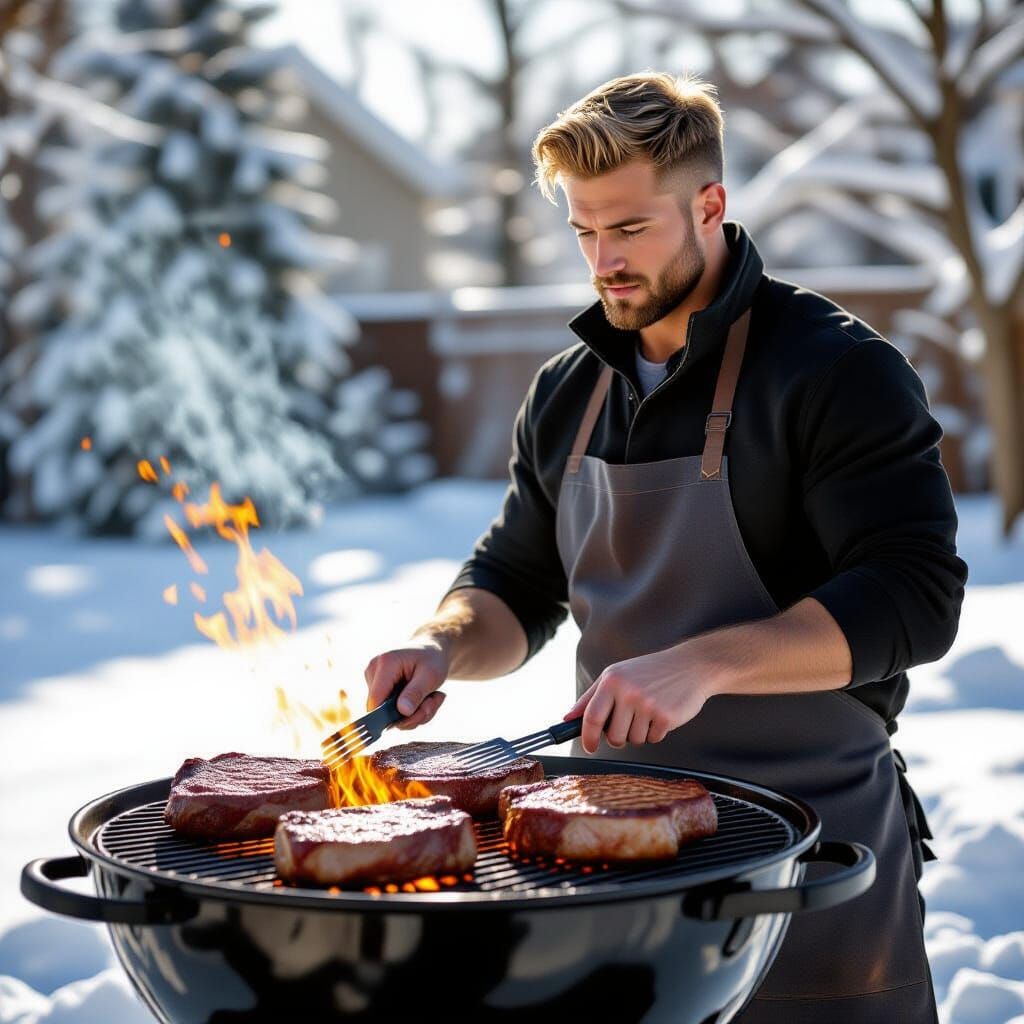 Man Grilling Steaks on Snowy Sunny Day in Hyperrealistic Sty...