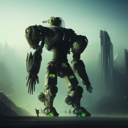 Giant Cowboy Mech in Dystopian City: Japanese Art Style