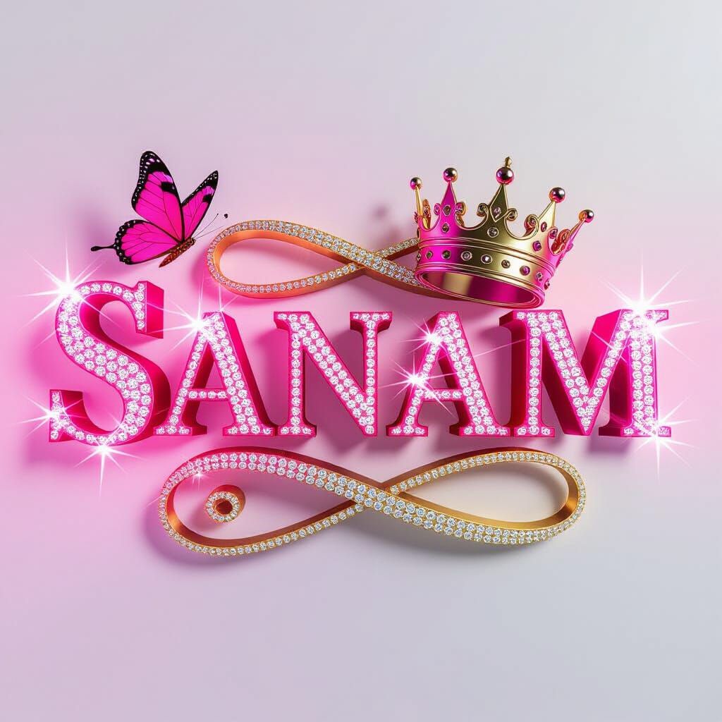Luxurious Pink Typography "Sanam" with Diamonds and Crown