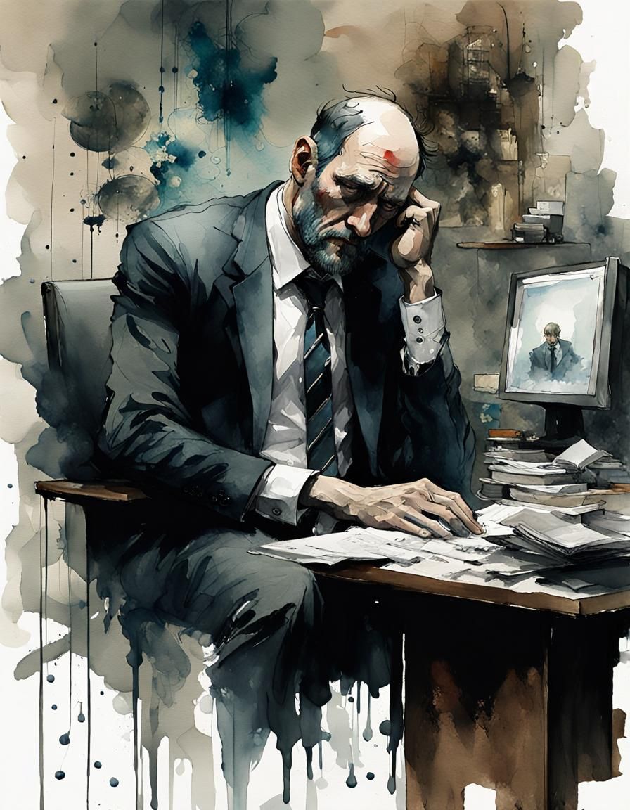 Sad Man in Office: Oil and Watercolor Painting