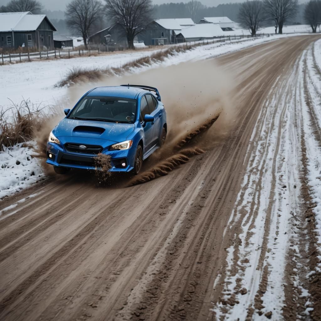 Blue Subaru WRX Flies Through Winter Landscape