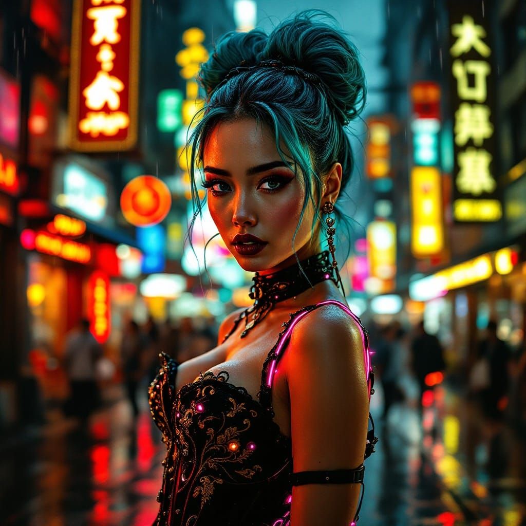 Confident Cyber-Glam Woman in Futuristic Neon City