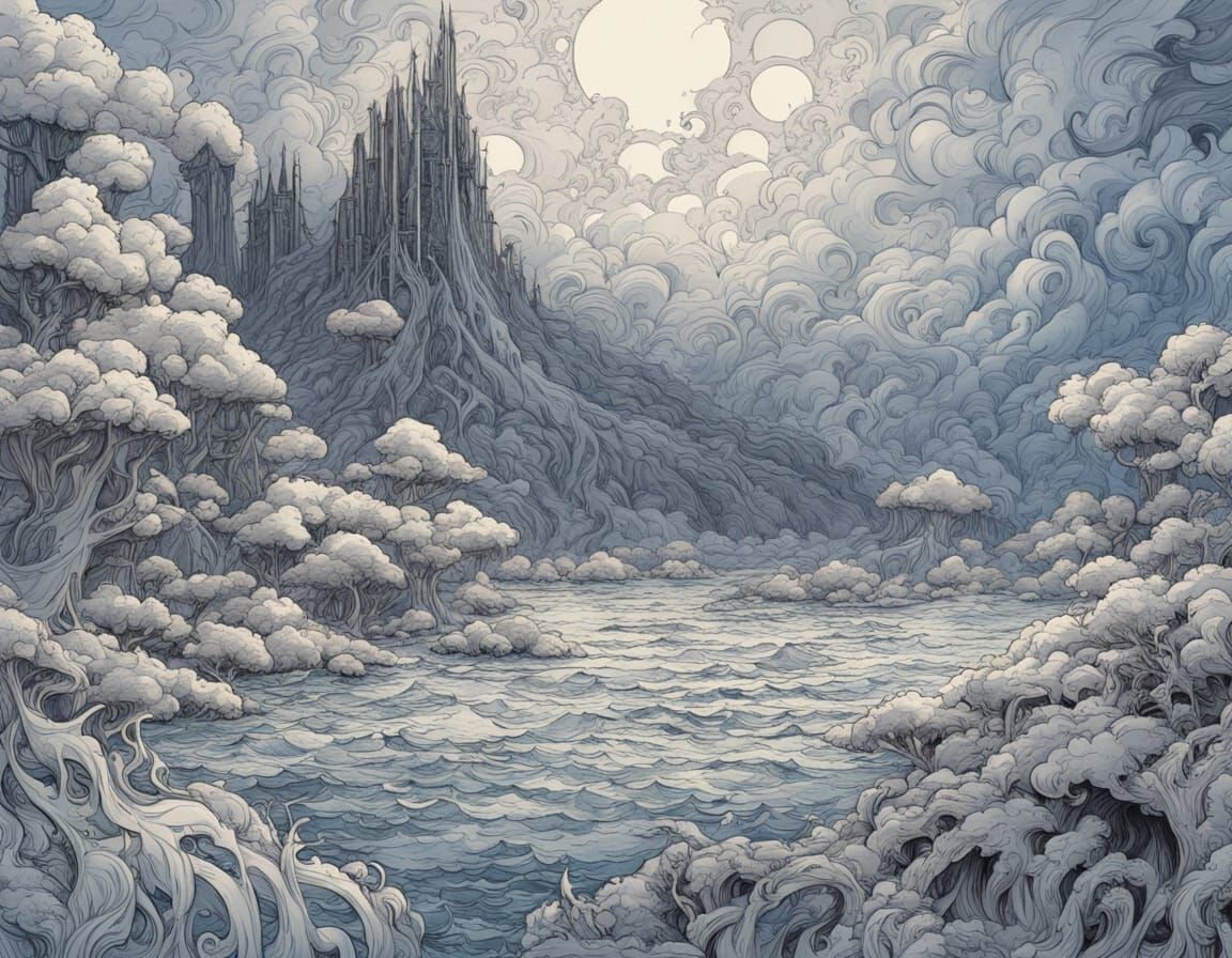 Art Deco Moonlit Scene in Blue Ink