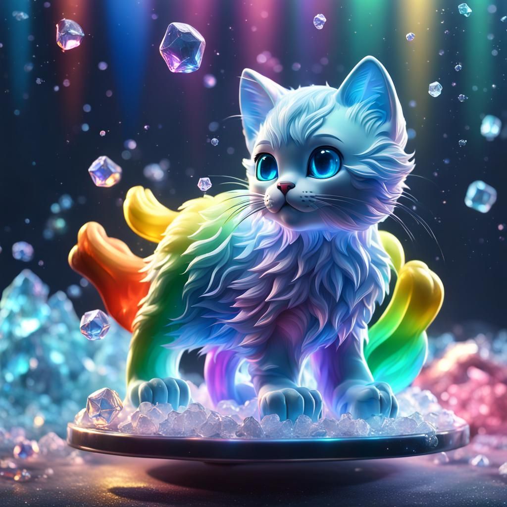 Rainbow Kitten Ice Sculpture: Detailed Fantasy Art