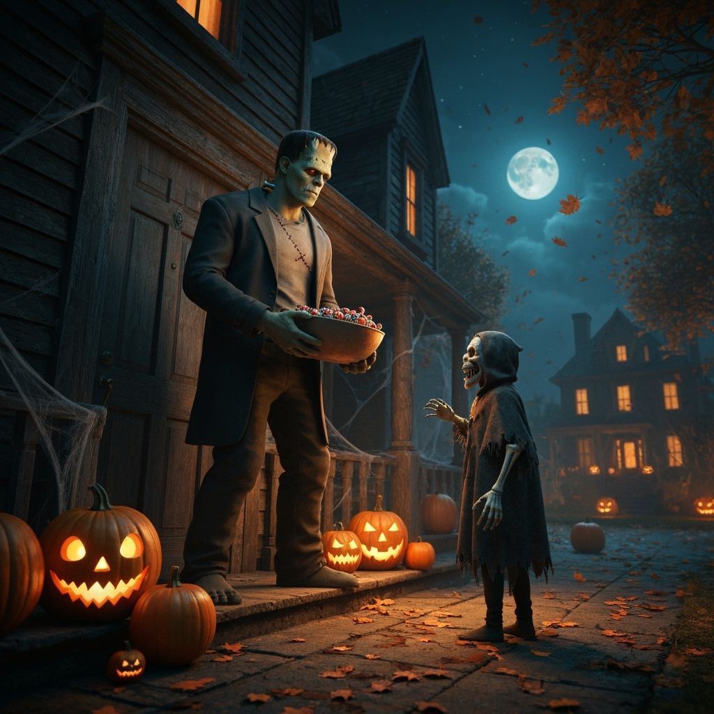 Frankenstein Offers Candy on Moody Halloween Night