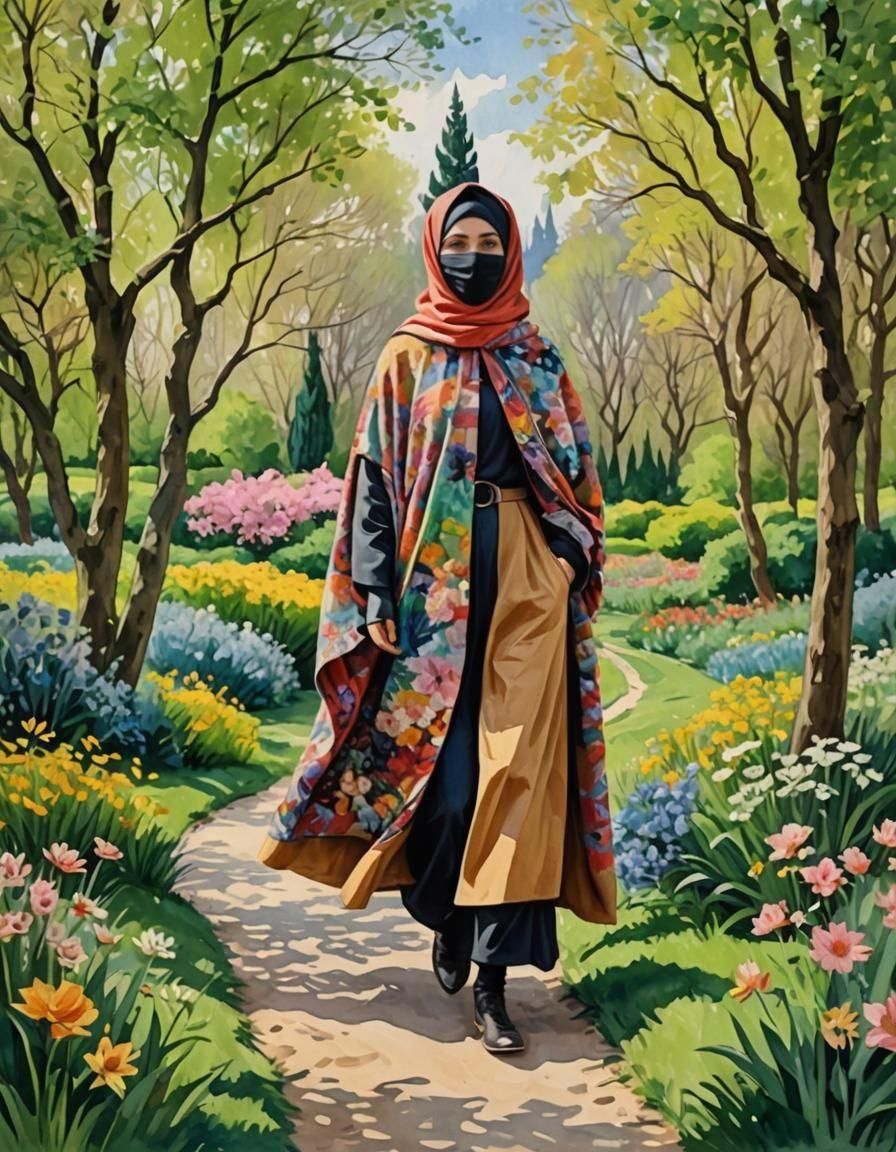 Woman in Niqab Walking Through Lush Garden as Gouache Painti...