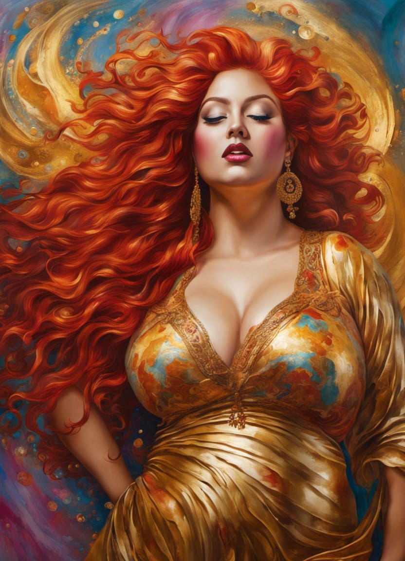 Voluptuous Gold Painted Gypsy Woman with Red Hair