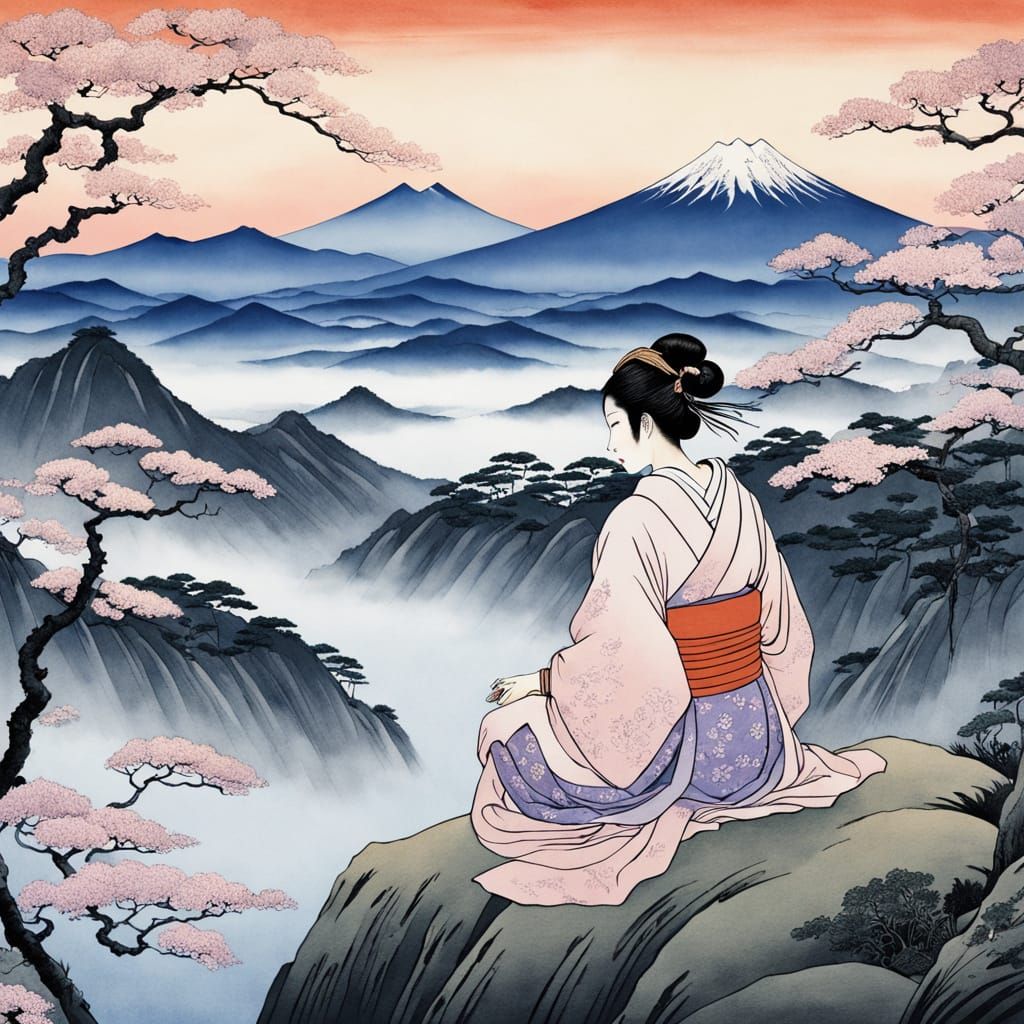 Serene Woman Meditating in Ukiyo-e Style