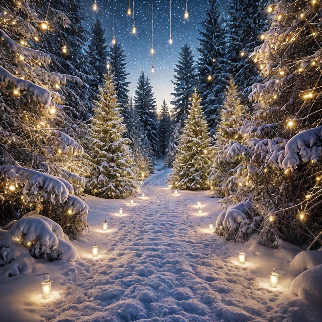 Magical Snowy Christmas Night with Twinkling Fairy Lights